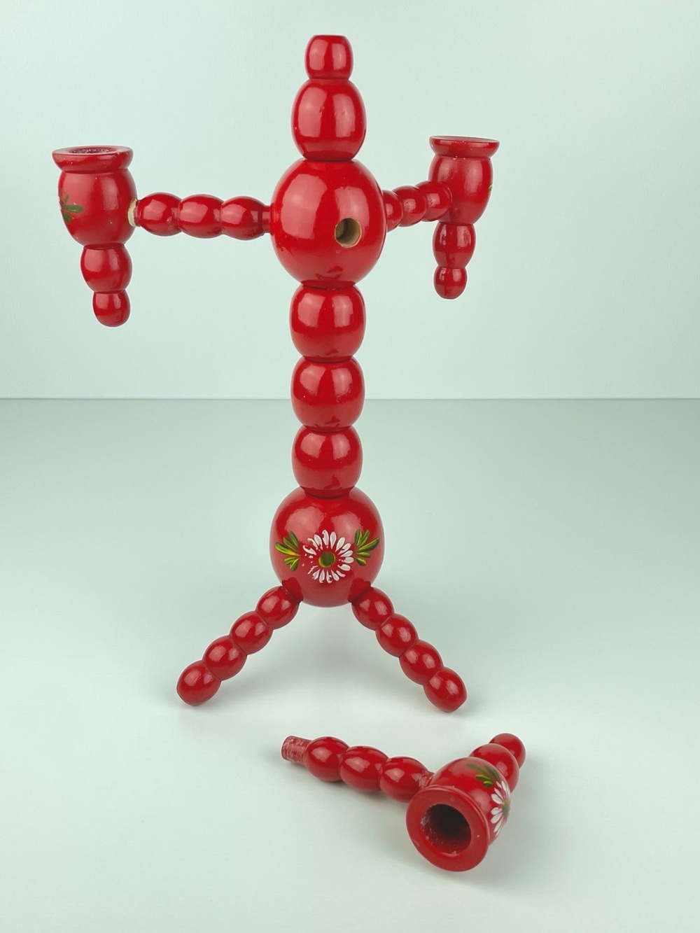 VTG Swedish 3 Armed Red Floral Candelabra Scandinavian Folk Art Candleholder - Picture 16 of 16